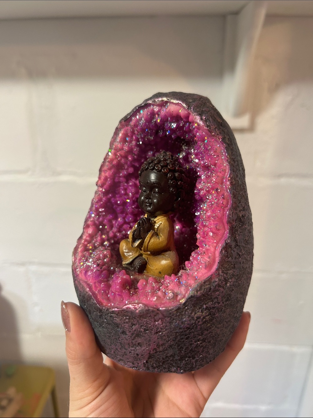 Pink Geode Buddha Figurine - Glimmering Crystal Display
